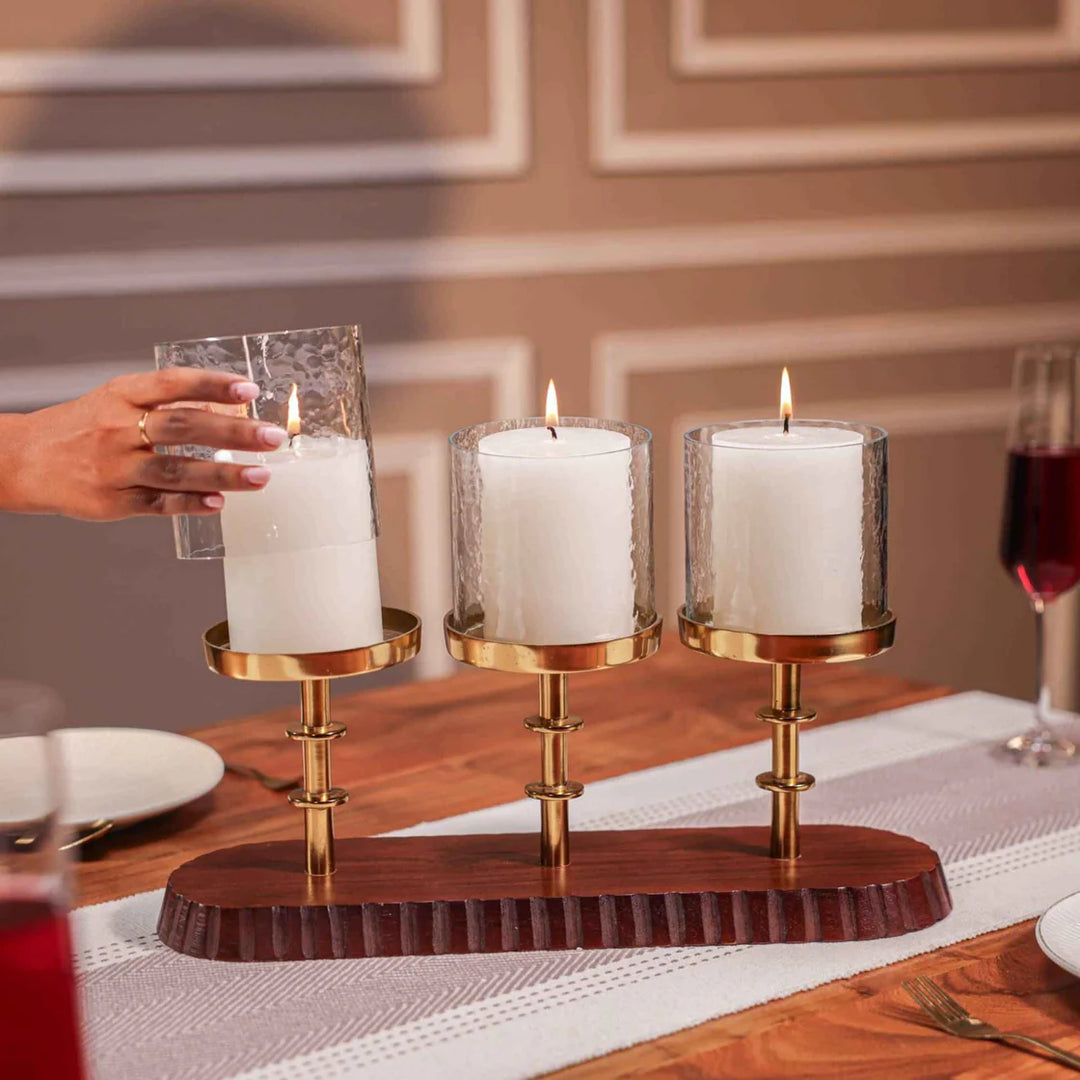Ireka Homes Glowry Candle Holder - Handcrafted Acacia Wood & Glass Candle Stand With Candle - Stylish Centerpiece for Weddings, Diwali & Christmas Décor (Set of 3)