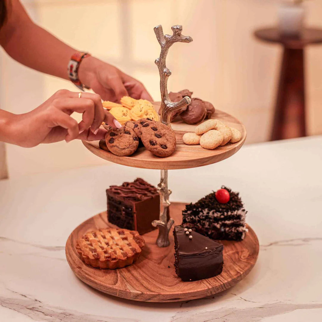 Ireka Home Treat Tree Acacia Wood Two-Tier Serving Stand | Dessert & Cupcake Display | Tea Party Pastry Serving Platter in Gift Box