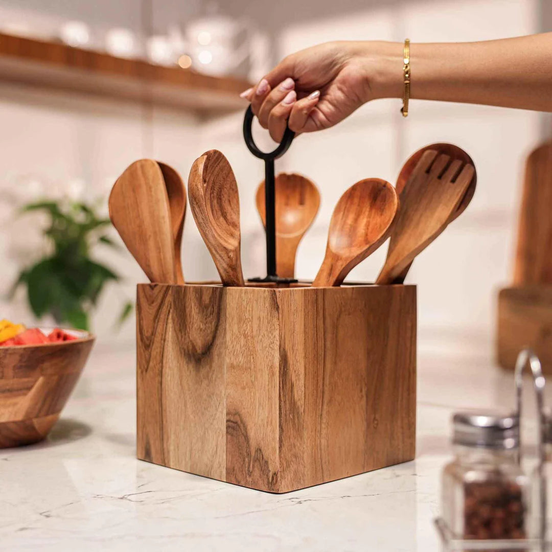 Ireka Homes Block Buddy Utensils Holder - Handcrafted Acacia Wood Utensil Utensils Holder - Durable Utensil Organizer for Spoons, Spatulas, Ladles & Cooking Tools