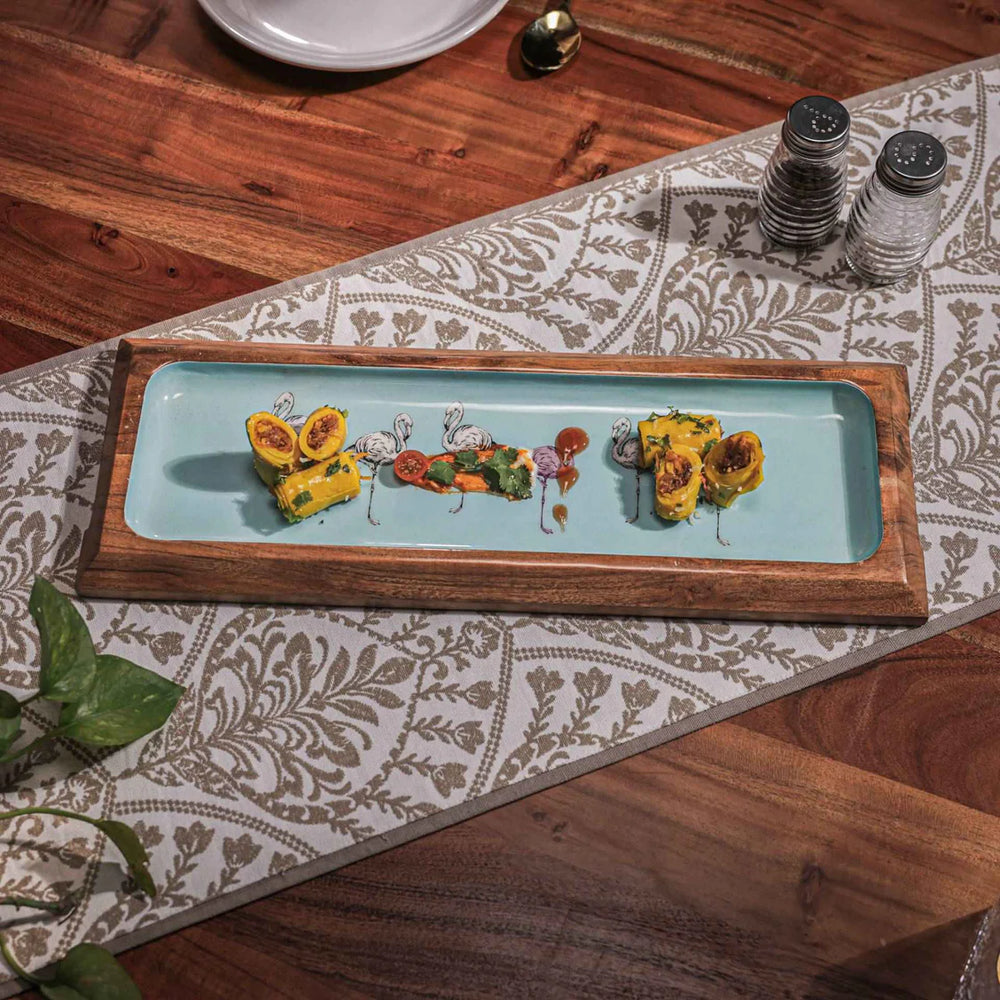 Ireka Homes Multi-Purpose Flamingo Fiesta Serving Platter - Premium Acacia Wood Platter With Enamel Coating - Decorative Kitchen Platter for Serving Food, Drinks, Coffee, and Cheese (17x6 inches)