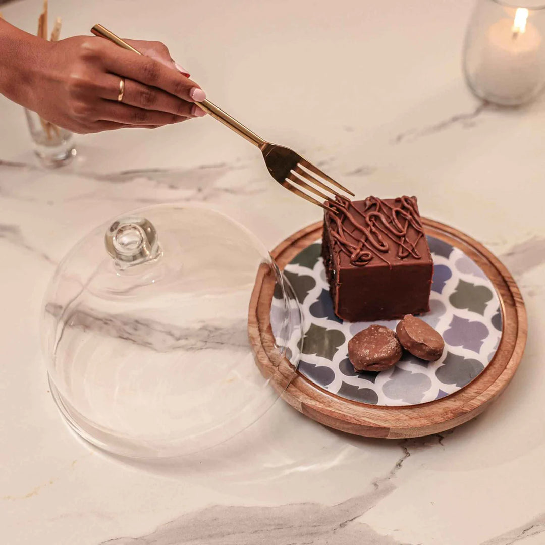 Ireka Homes Frosty Bliss Acacia Wood Cake Stand with Glass Dome – Handmade, Sustainable, Foodsafe – Perfect for Cakes, Fruits, and Snacks