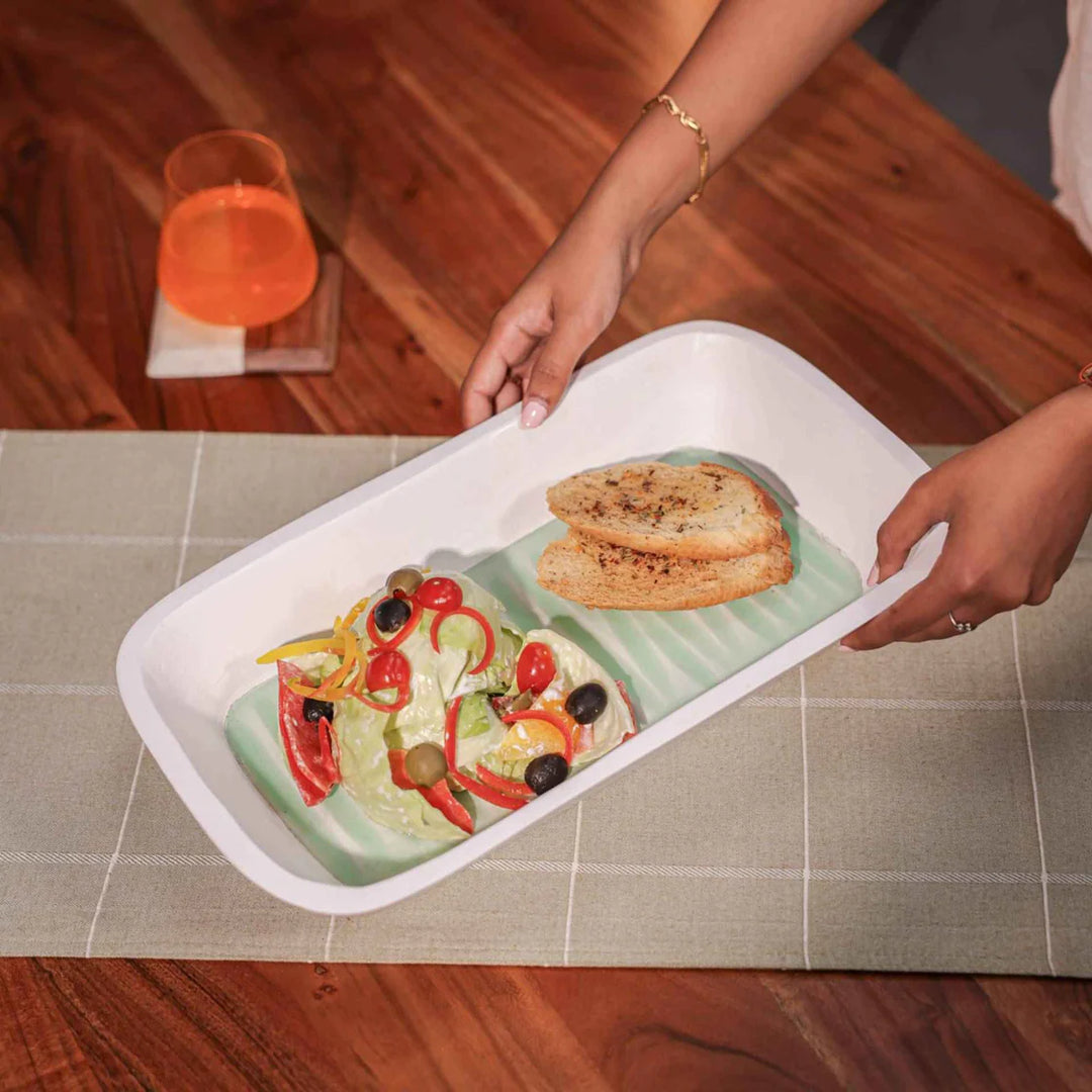 Ireka Homes Multi-Purpose Mint to Be Serving Platter - Premium Acacia Wood Platter With Enamel Coating - Decorative Kitchen Platter for Serving Food, Drinks, Coffee, and Cheese (15.8x8.5 inches)