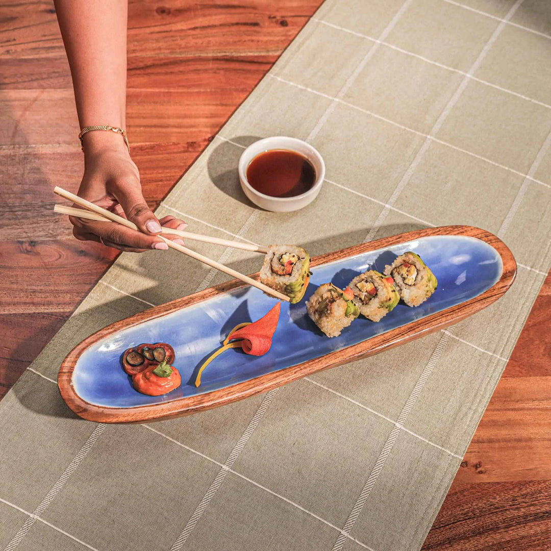 Ireka Homes Multi-Purpose Snack Attack Serving Platter - Premium Acacia Wood Platter With Enamel Coating - Decorative Kitchen Platter for Serving Food, Drinks, Coffee, and Cheese (14x4.25 inches)
