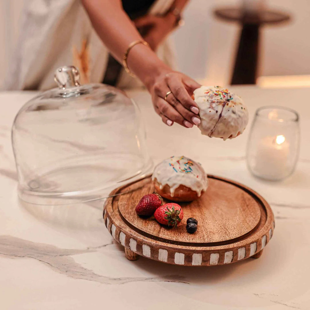 Ireka Homes Sugar Sphere Acacia Wood Cake Stand with Glass Dome – Handmade, Sustainable, Foodsafe – Perfect for Cakes, Fruits, and Snacks