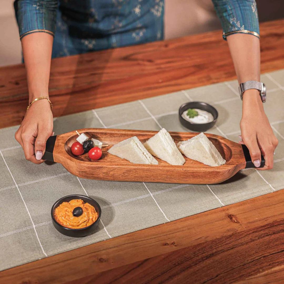 Ireka Homes Multi-Purpose Paddle Up Serving Tray – Premium Acacia Wood Tray – Decorative Kitchen Tray for Serving Food, Drinks, Coffee, and Cheese (16x4.5 inches)