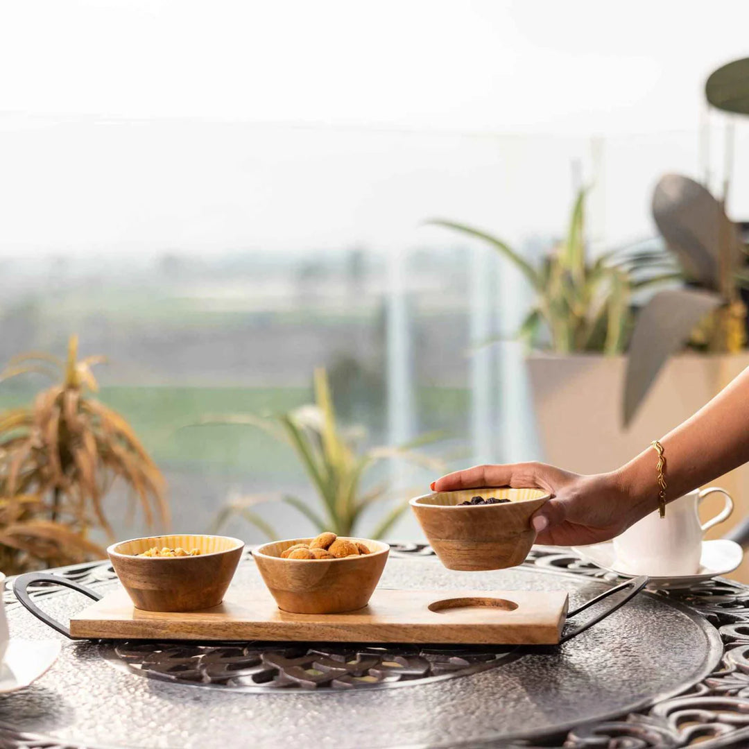 Ireka Homes Handcrafted Tripple Treat Serving Bowls - Multipurpose Mango Wood Bowls With Enamel - Durable Bowls for Serving Food, Snacks, and Desserts (19x5 inches)