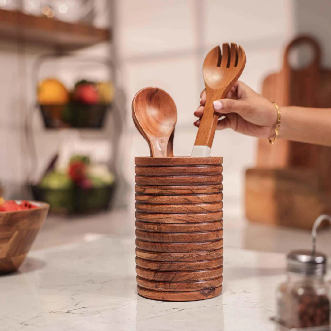 Ireka Homes Cylindro Utensils Holder - Handcrafted Acacia Wood Utensil Utensils Holder - Durable Utensil Organizer for Spatulas, Ladles & Cooking Tools