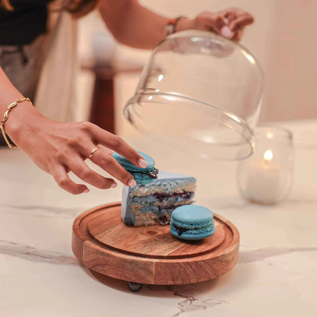 Ireka Homes Sweet Haven Acacia Wood Cake Stand with Glass Dome – Handmade, Sustainable, Foodsafe – Perfect for Cakes, Fruits, and Snacks