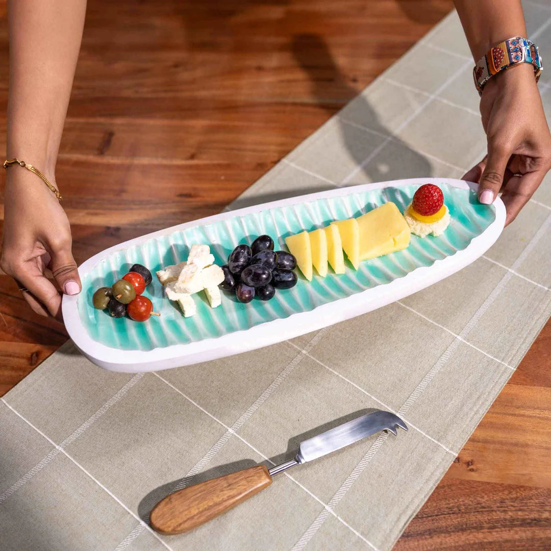 Ireka Homes Multi-Purpose Oval & Out Serving Platter - Premium Acacia Wood Platter With Enamel Coating - Decorative Kitchen Platter for Serving Food, Drinks, Coffee, and Cheese (15.8x5.7 inches)