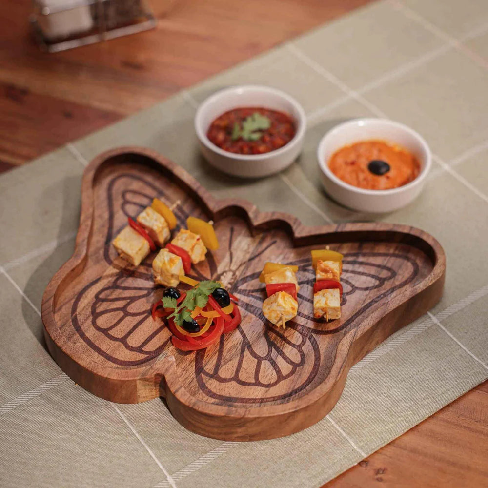 Ireka Homes Multi-Purpose Butterfly Effect Serving Platter - Premium Acacia Wood Platter - Decorative Kitchen Platter for Serving Food, Drinks, Coffee, and Cheese (10.5x8 inches)