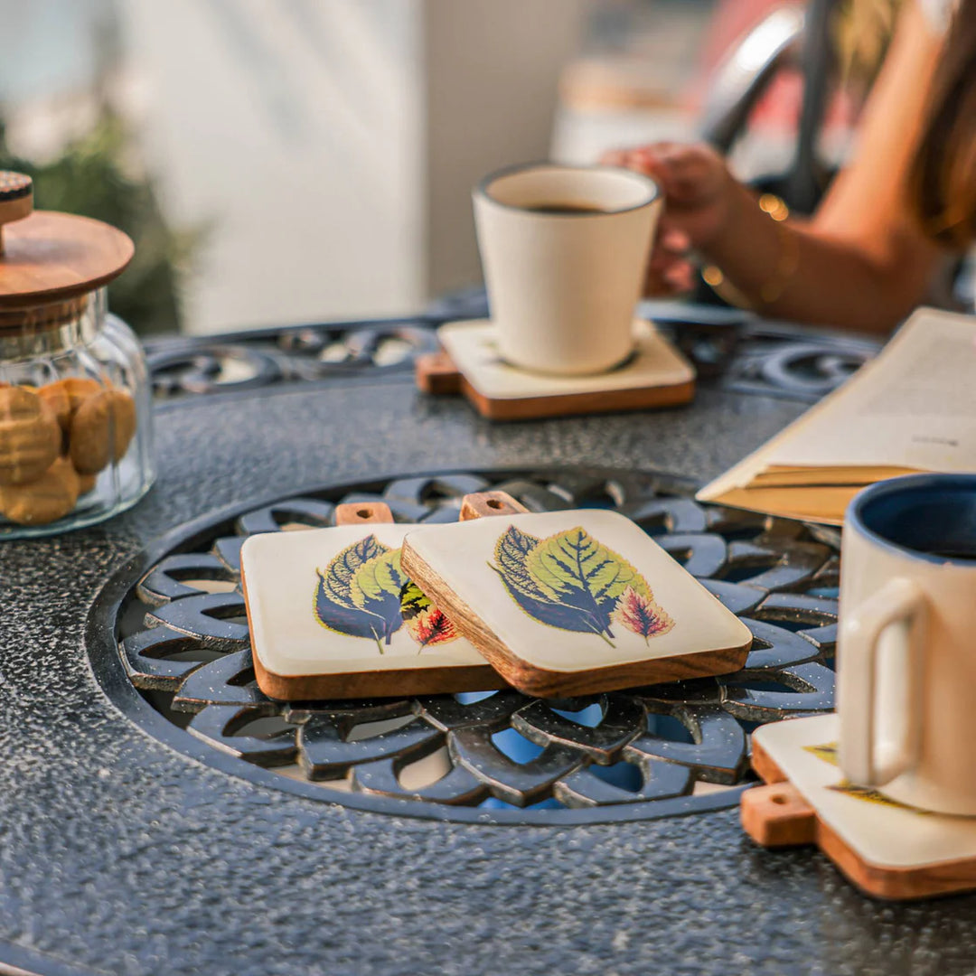 Ireka Homes Timber Leaf Coaster Set – Acacia Wood & Enamel – Ideal for Coffee Tables, Desks, & Gifting