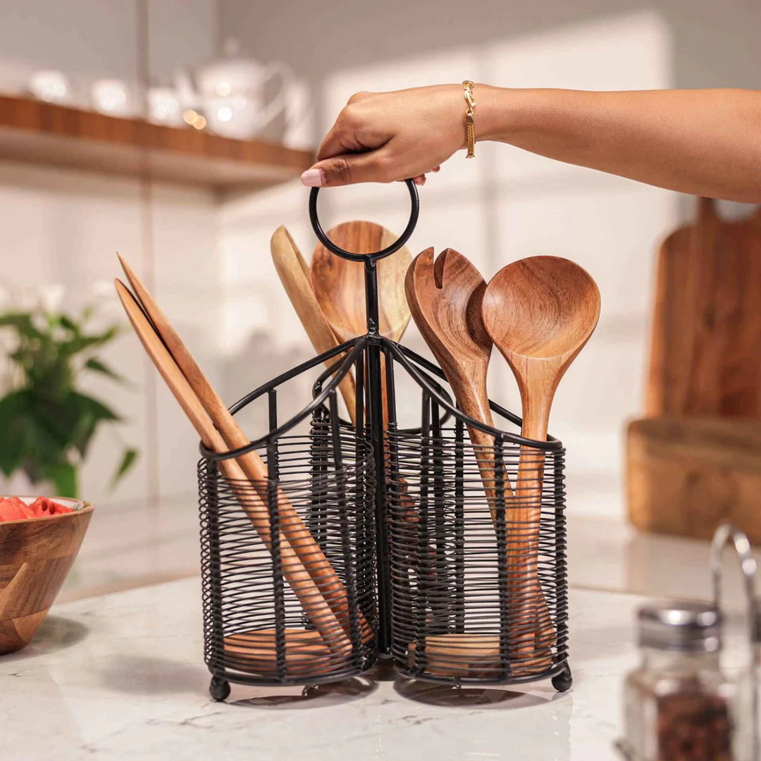 Ireka Homes Metal Mate Utensils Holder - Handcrafted Acacia Wood And Iron Handle Utensils Holder - Durable Utensil Organizer for Spoons, Spatulas, Ladles & Cooking Tools