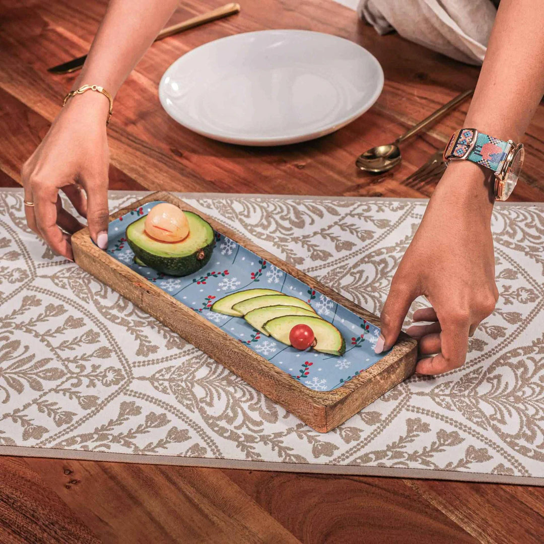 Ireka Homes Multi-Purpose Bluetiful Bites Serving Platter - Premium Mango Wood Platter With Enamel Coating - Decorative Kitchen Platter for Serving Food, Drinks, Coffee, and Cheese (12x4 inches)
