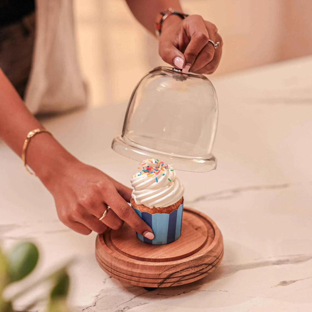 Ireka Homes Candy Glow Acacia Wood Cake Stand with Glass Dome – Handmade, Sustainable, Foodsafe – Perfect for Cakes, Fruits, and Snacks