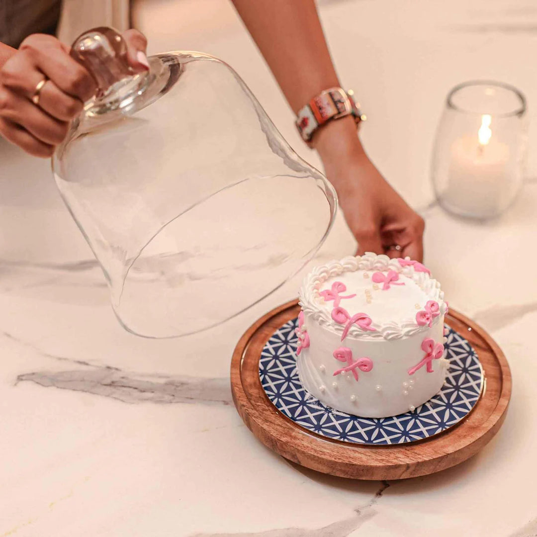 Ireka Homes Candy Cloud Acacia Wood Cake Stand with Glass Dome – Handmade, Sustainable, Foodsafe – Perfect for Cakes, Fruits, and Snacks