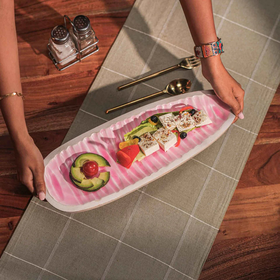 Ireka Homes Multi-Purpose Pretty in Pink Serving Platter - Premium Mango Wood Platter With Enamel Coating - Decorative Kitchen Platter for Serving Food, Drinks, Coffee, and Cheese (16x6 inches)