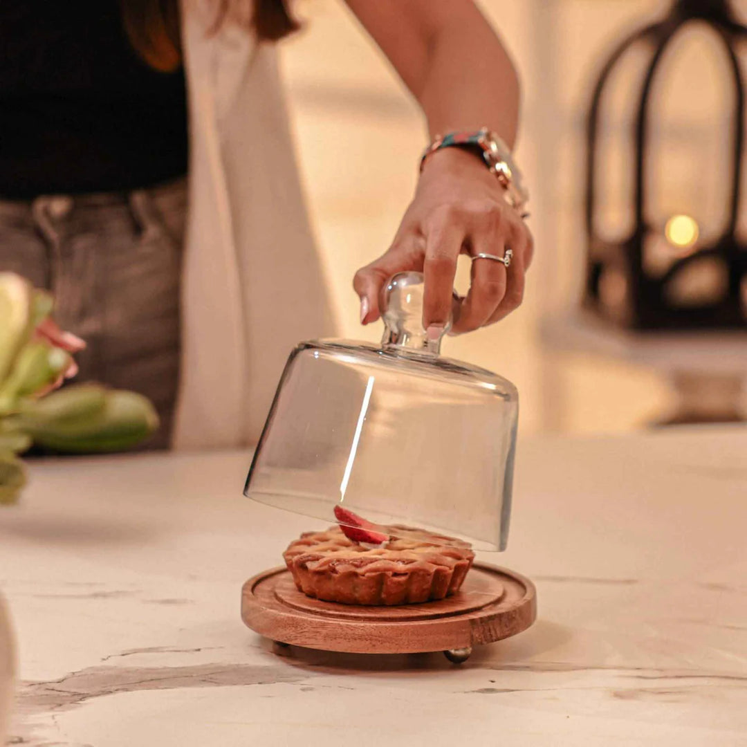 Ireka Homes Sugar Shell Acacia Wood Cake Stand with Glass Dome – Handmade, Sustainable, Foodsafe – Perfect for Cakes, Fruits, and Snacks