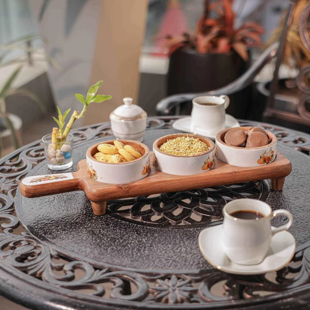 Ireka Homes Handcrafted Dip Trip Serving Bowls - Multipurpose Acacia Wood Bowls With Enamel - Durable Bowls for Serving Food, Snacks, and Desserts (18x5 inches)