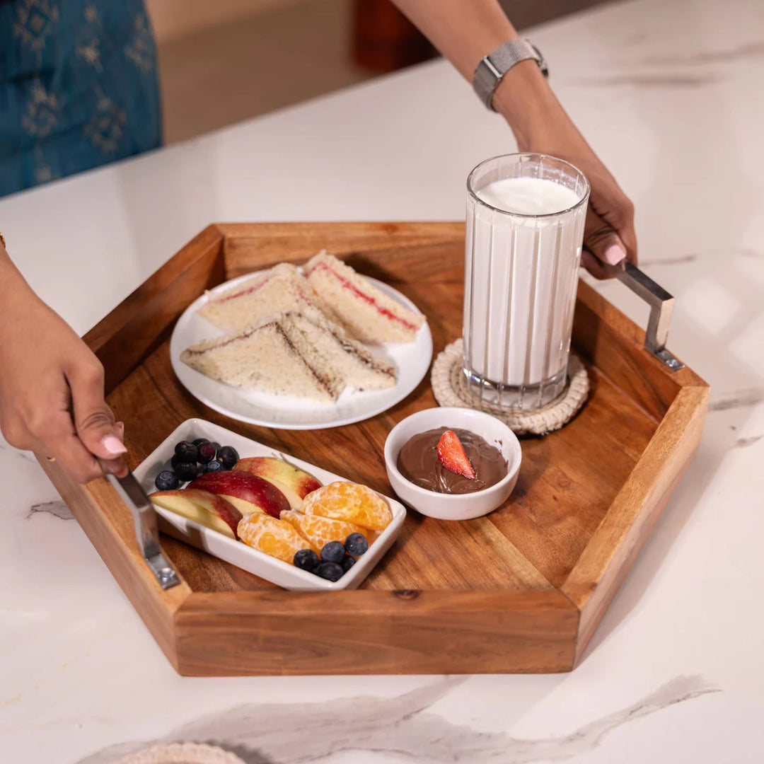 Ireka Homes Multi-Purpose Utsav Serving Tray – Premium Acacia Wood Tray – Decorative Kitchen Tray for Serving Food, Drinks, Coffee, and Cheese (16.5x14.5 inches)