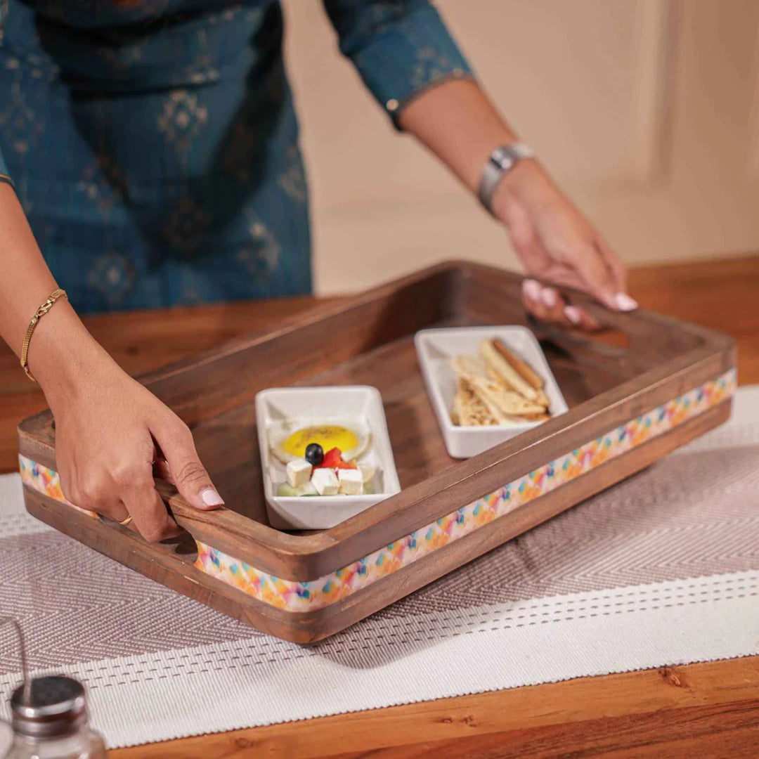 Ireka Homes Multi-Purpose Swagatam Serving Tray – Premium Acacia Wood Tray – Decorative Kitchen Tray for Serving Food, Drinks, Coffee, and Cheese (16x10 inches)