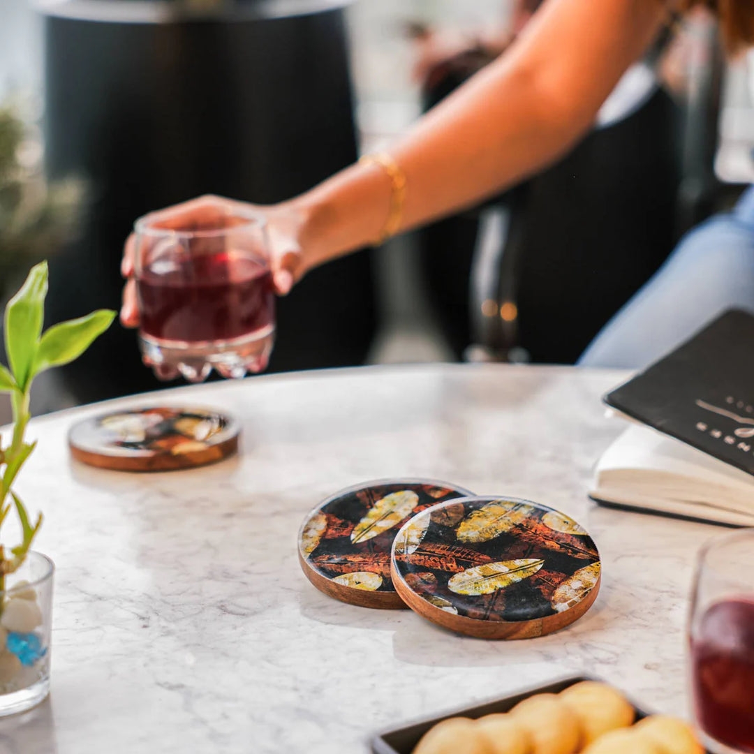 Ireka Homes Forest Floor Coaster Set – Acacia Wood & Enamel – Ideal for Coffee Tables, Desks, & Gifting