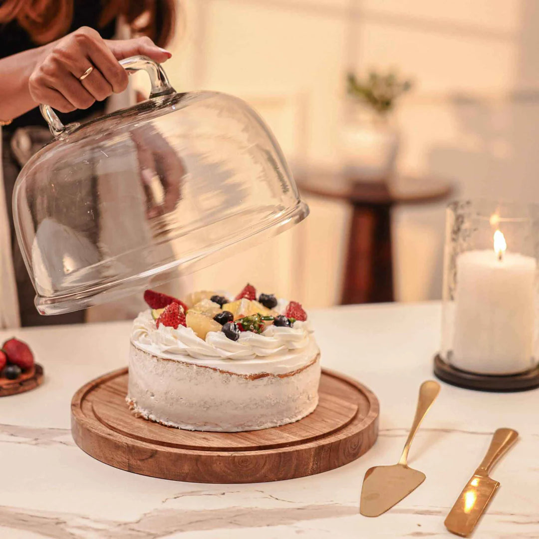 Ireka Homes Sweet Vault Acacia Wood Cake Stand with Glass Dome – Handmade, Sustainable, Foodsafe – Perfect for Cakes, Fruits, and Snacks