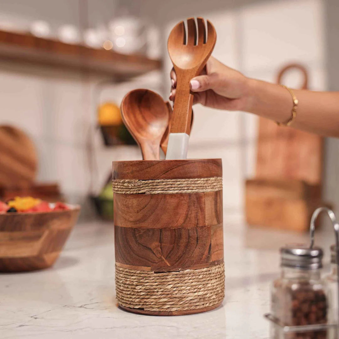 Ireka Homes Rustic Roll Utensils Holder - Handcrafted Acacia Wood Utensil Utensils Holder - Durable Utensil Organizer for Spatulas, Ladles & Cooking Tools