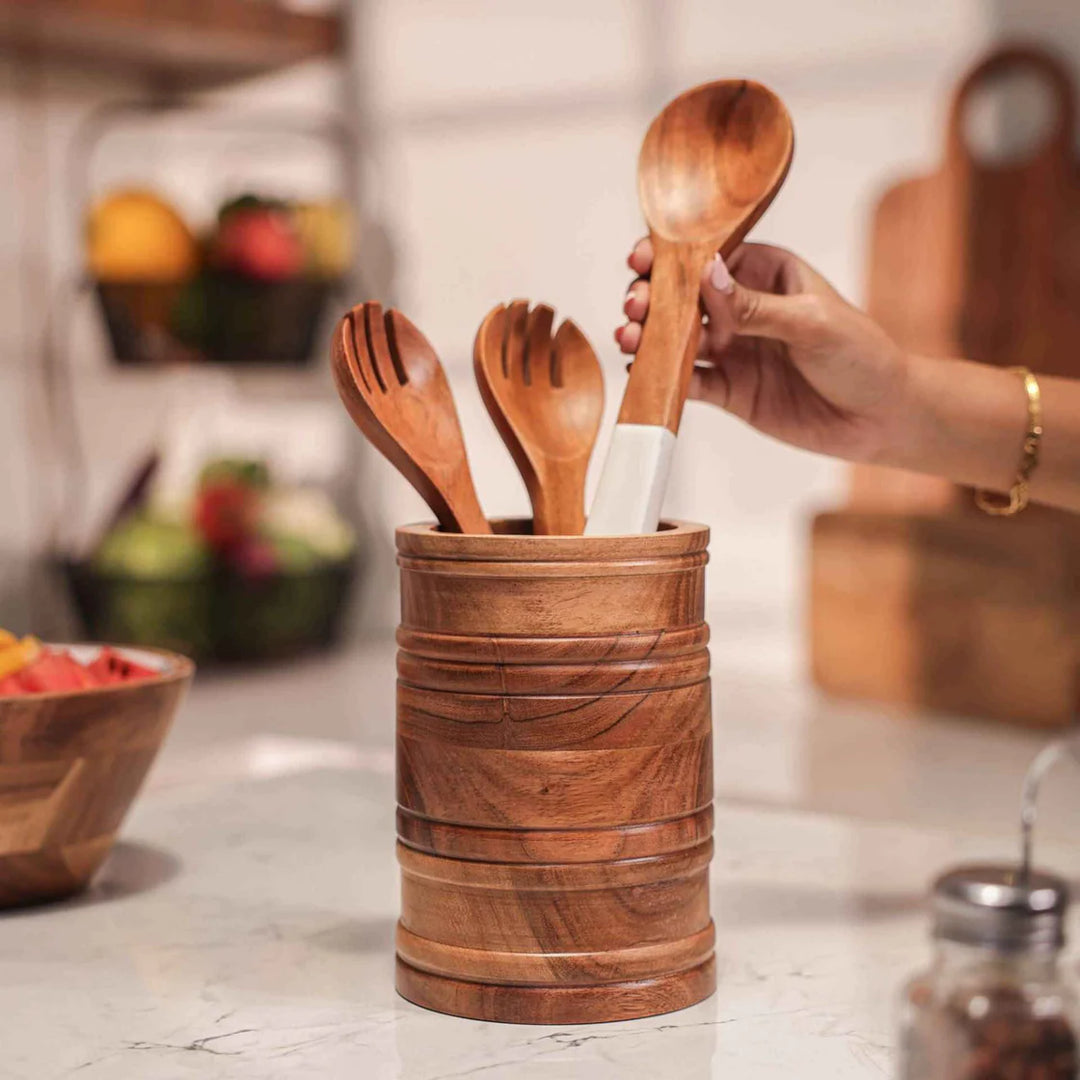 Ireka Homes Kitchen Keeper Utensils Holder - Handcrafted Acacia Wood Utensil Utensils Holder - Durable Utensil Organizer for Spatulas, Ladles & Cooking Tools