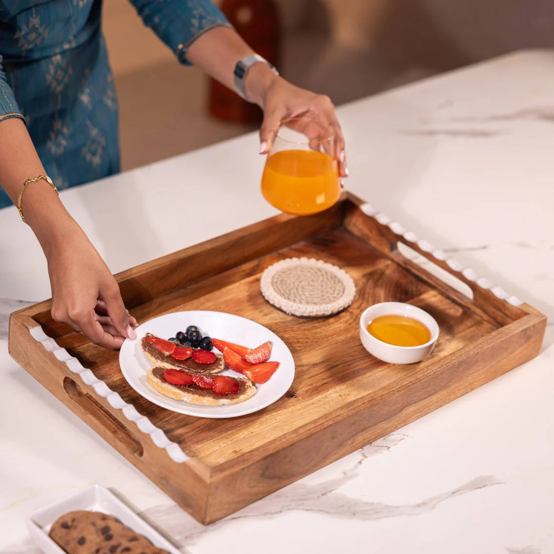 Ireka Homes Multi-Purpose Prashadh Serving Tray – Premium Acacia Wood Tray – Decorative Kitchen Tray for Serving Food, Drinks, Coffee, and Cheese (18x12 inches)