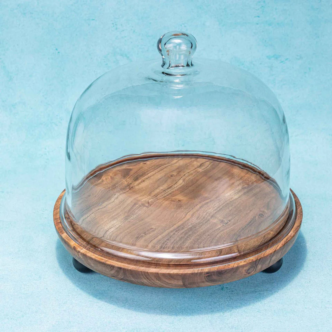 Ireka Homes Pastry Pod Acacia Wood Cake Stand with Glass Dome – Handmade, Sustainable, Foodsafe – Perfect for Cakes, Fruits, and Snacks