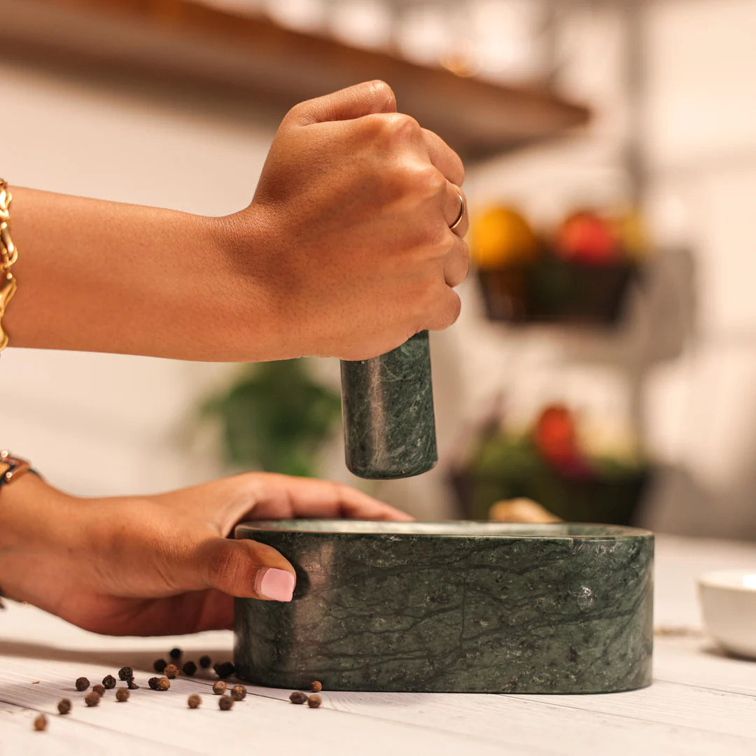 Ireka Homes Grindini Marble Mortar & Pestle Set – Handcrafted Green Stone Mortar with Ergonomic Pestle – Ideal for Spices, Herbs, Nuts & More (6x3.5x3.5 inches)