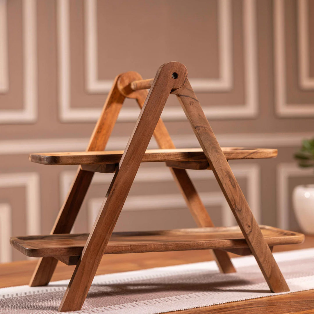 Ireka Homes Snackrack Multipurpose Serveware – Premium Acacia Wood 2-Tier Stand  - Foldable Serveware for Snacks, Barware & Kitchen Decor (18x9.75x14 inches)