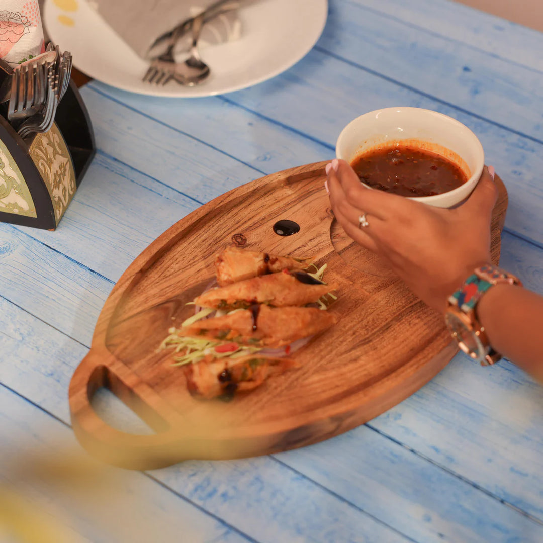 Ireka Homes Ovaload Chip and Dip Platter – Handcrafted Acacia Wood Snack Tray with Ceramic Bowl – Stylish Platter for Chips, Crackers, and Dips (16x9x2.5 inches)