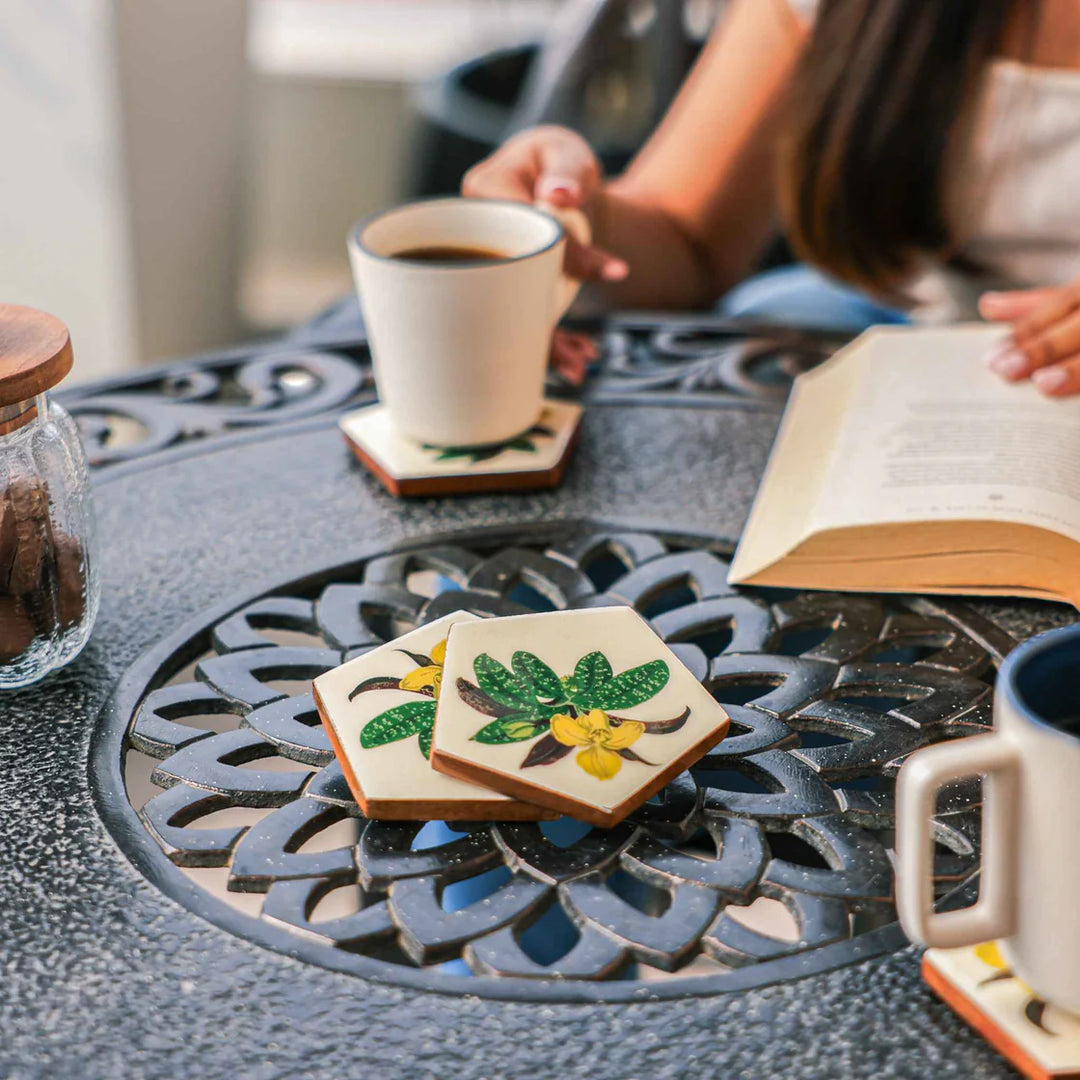Ireka Homes Penta Bloom Coaster Set – Acacia Wood & Enamel– Ideal for Coffee Tables, Desks, & Gifting