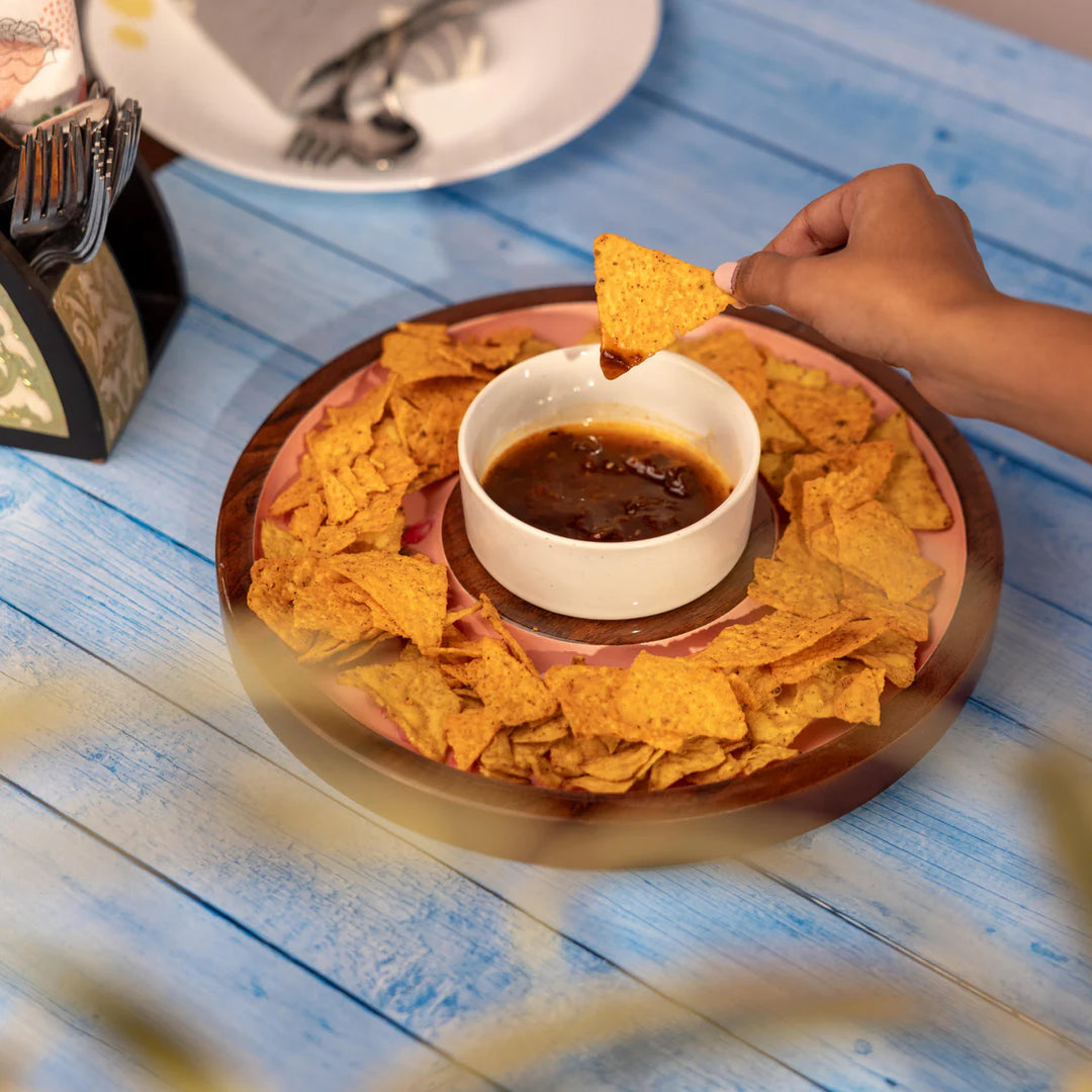 Ireka Homes Sakura Chip and Dip Platter – Handcrafted Acacia Wood Snack Tray with Ceramic Bowl – Stylish Platter for Chips, Crackers, and Dips (11.5x11.5x2.5 inches)