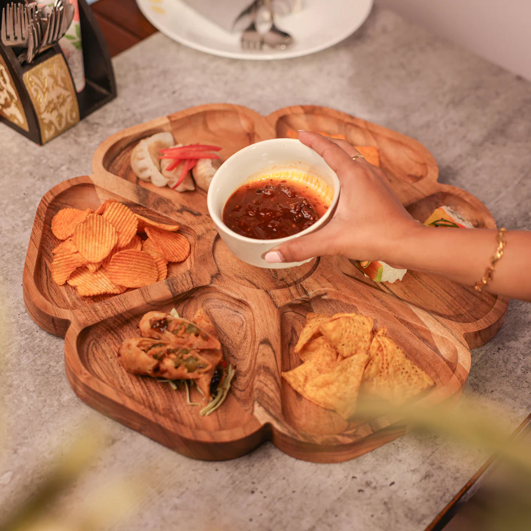 Ireka Homes FloraFeast Chip and Dip Platter – Handcrafted Acacia Wood Snack Tray with Ceramic Bowl – Stylish Platter for Chips, Crackers, and Dips (16x16x2.5 inches)
