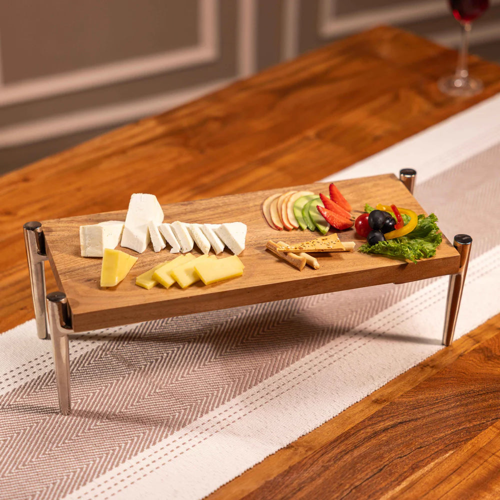 Ireka Homes Stack'd Multipurpose Serveware – Premium Acacia Wood Stand with Aluminium Legs - Premium Serveware for Snacks, Barware & Kitchen Decor (17.5x9x6.5 inches)