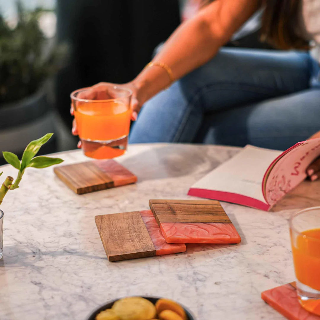 Ireka Homes Blush Tide Coaster Set – Acacia Wood and Resin– Ideal for Coffee Tables, Desks, & Gifting