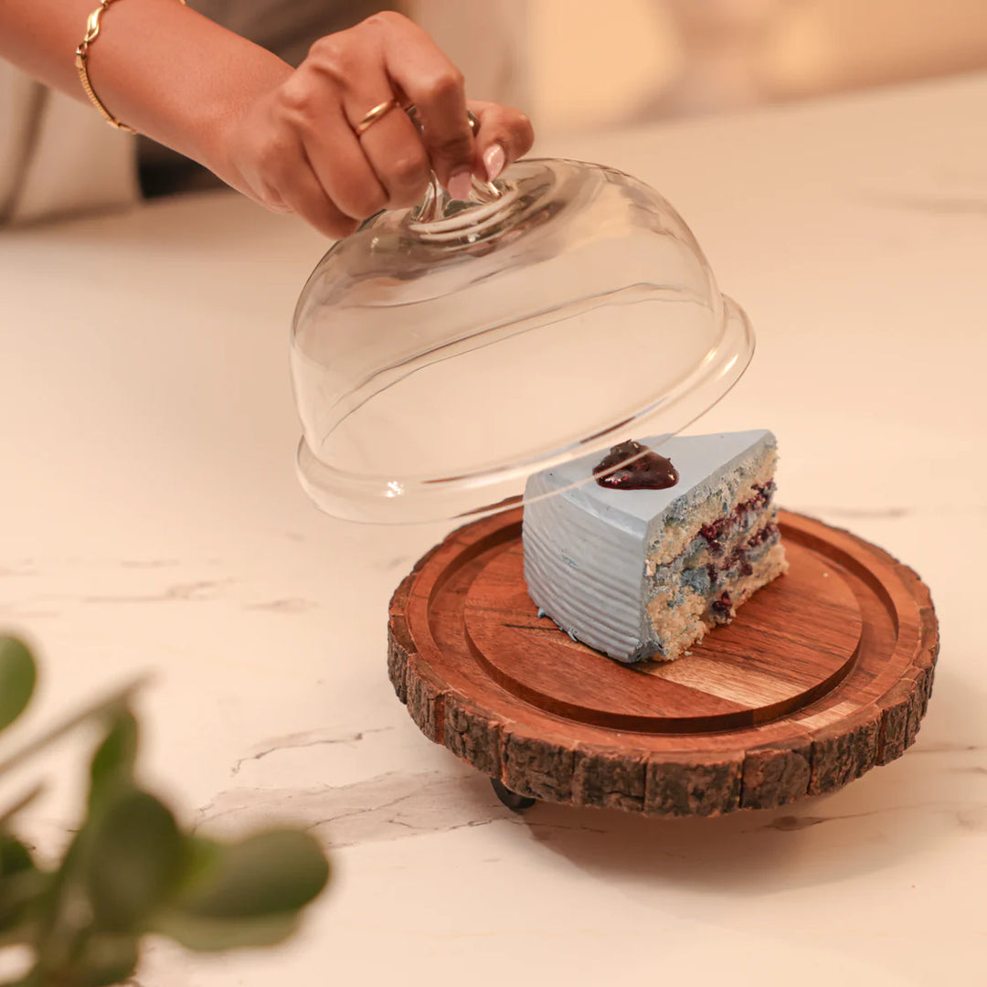 Ireka Homes Vriksha Acacia Wood Cake Stand with Glass Dome – Handmade, Sustainable, Foodsafe – Perfect for Mini Cakes, Fruits, and Snacks