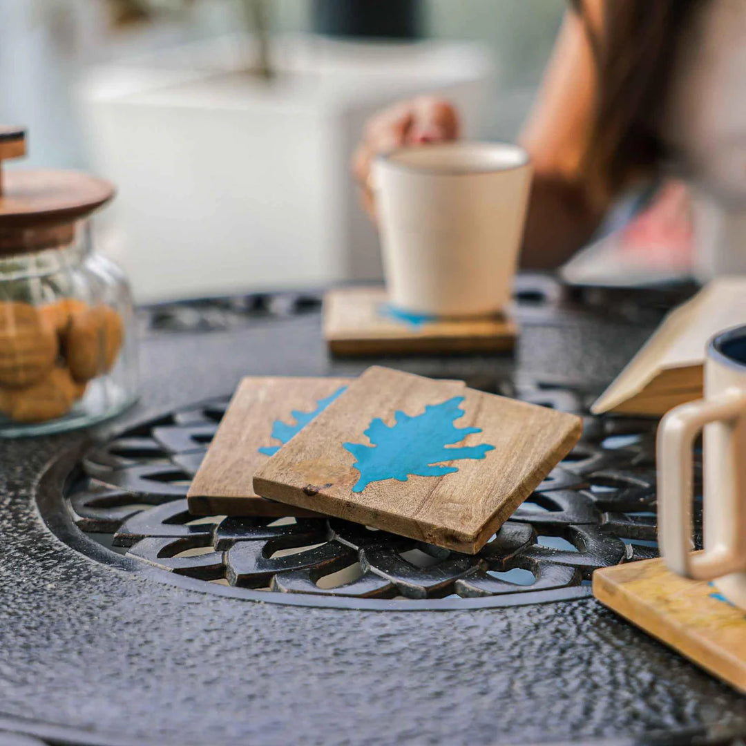 Ireka Homes Autumn Blue Coaster Set – Mango Wood & Marble – Ideal for Coffee Tables, Desks, & Gifting