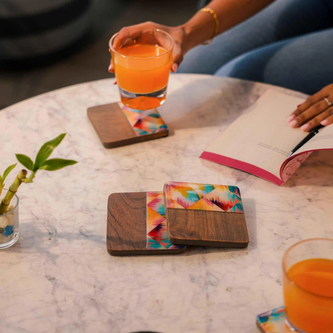 Ireka Homes Aurora Wood Coaster Set – Acacia Wood & Enamel– Ideal for Coffee Tables, Desks, & Gifting