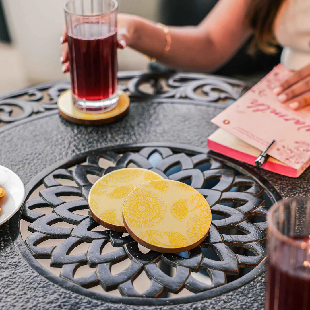 Ireka Homes Golden Bloom Coaster Set – Acacia Wood with Enamel - Ideal for Coffee Tables, Desks, & Gifting