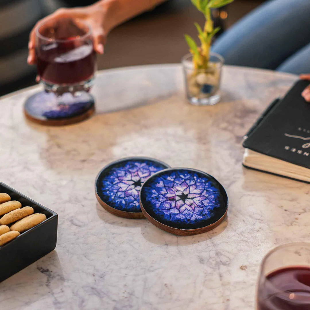 Ireka Homes Blue Nebula Coaster Set – Acacia Wood & Enamel– Ideal for Coffee Tables, Desks, & Gifting