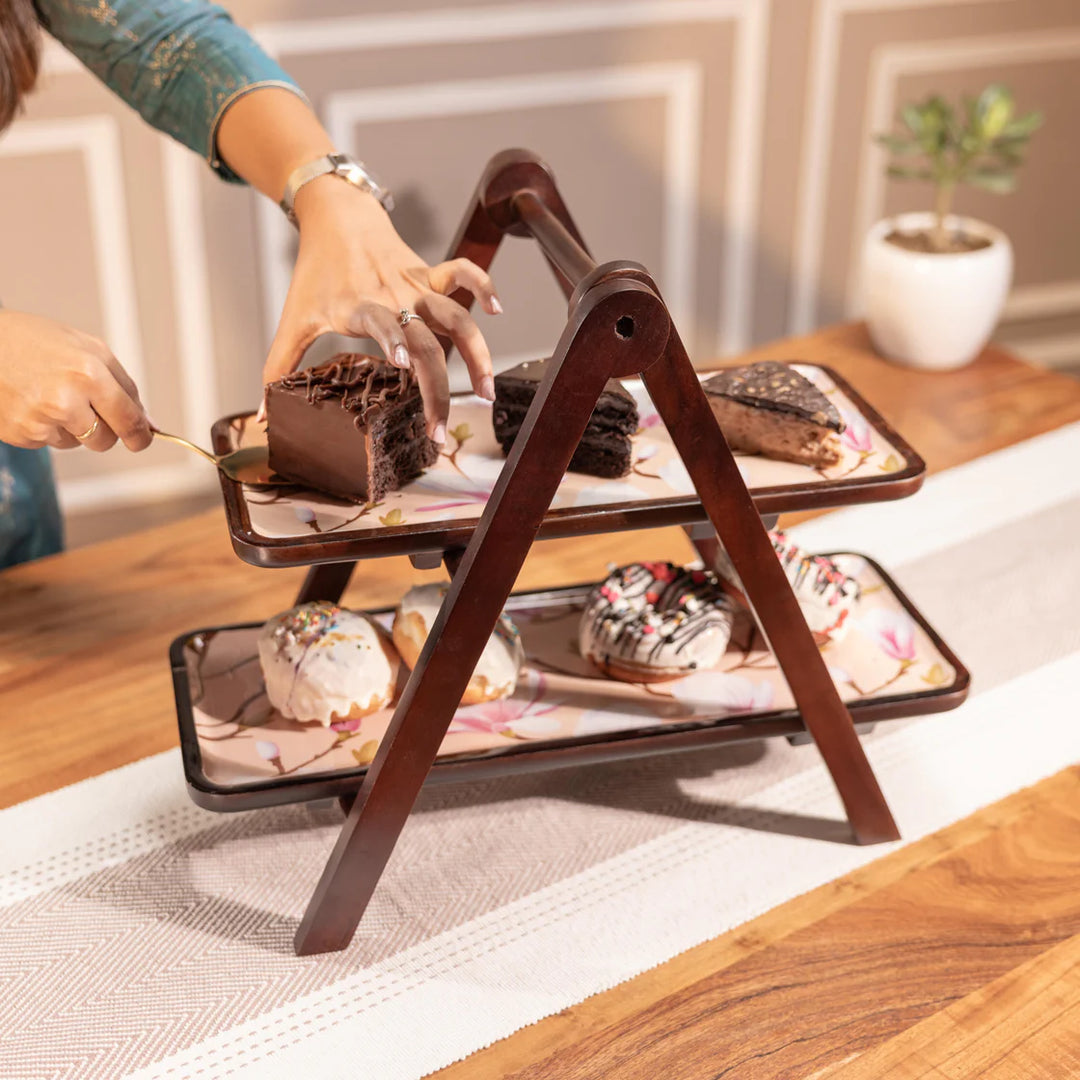 Ireka Homes Sakura Multipurpose Serveware – Premium Acacia Wood 2-Tier Stand  - Foldable Serveware for Snacks, Barware & Kitchen Decor (18x9.75x14 inches)