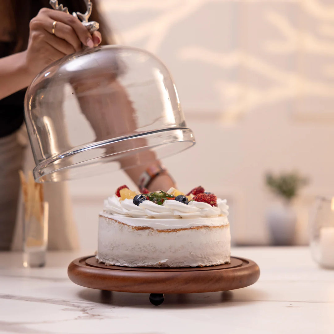 Ireka Homes Tamra Acacia Wood Cake Stand with Glass Dome – Handmade, Sustainable, Foodsafe – Perfect for Mini Cakes, Fruits, and Snacks