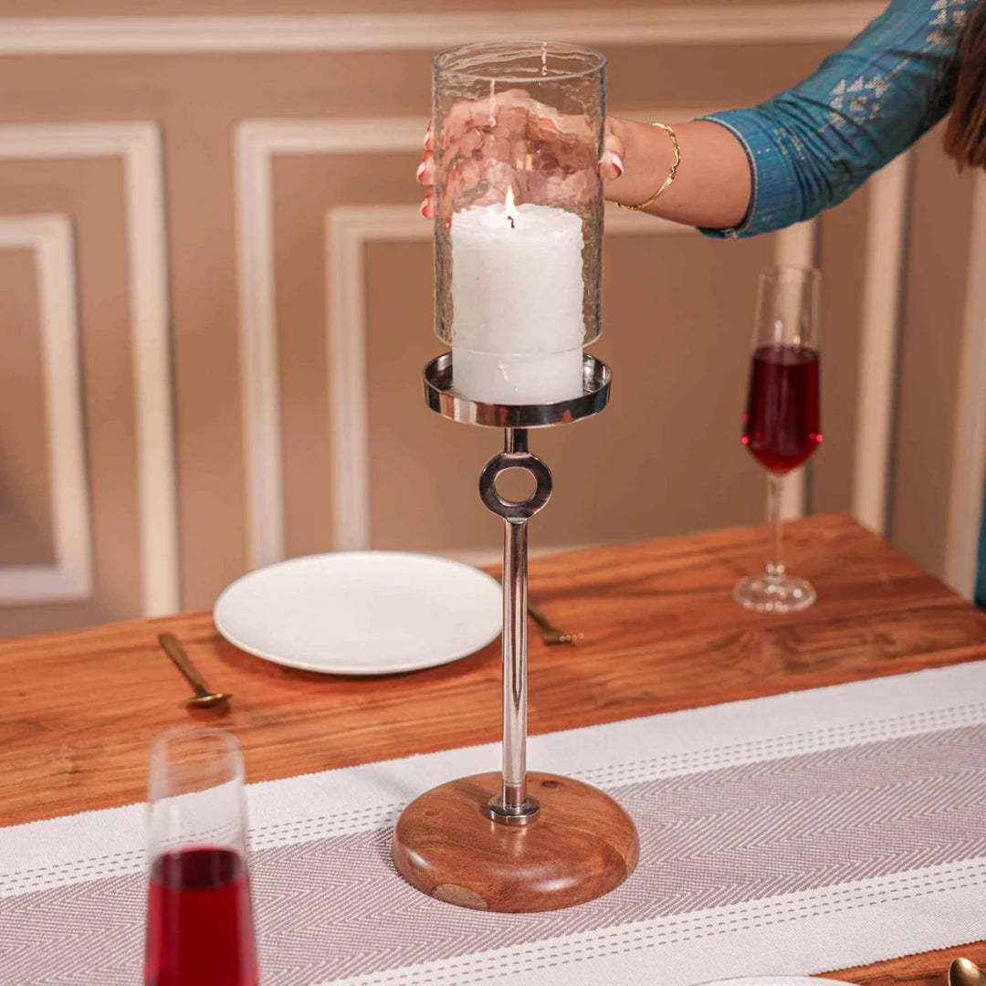 Ireka Homes Aurora Candle Holder - Handcrafted Acacia Wood & Glass Candle Stand With Candle - Stylish Centerpiece for Weddings, Diwali & Christmas Décor