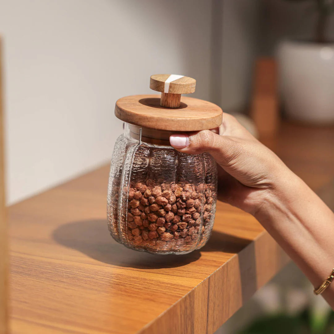 Ireka Homes Premium Ripple Canister - Food-Safe Glass Storage Jar with Airtight Wooden Lid - Perfect for Coffee, Sugar, Snacks & More (4x5.5 inches)