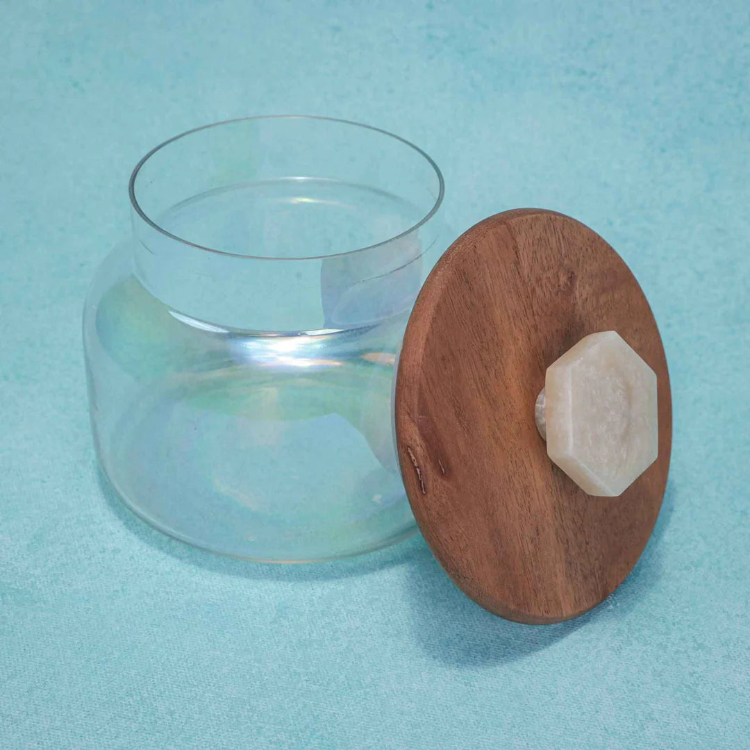 Ireka Homes Premium Halo Canister - Food-Safe Glass Storage Jar with Airtight Wooden Lid - Perfect for Coffee, Sugar, Snacks & More (5.5 x 5 inches)