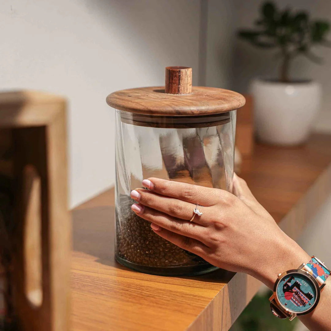 Ireka Homes Premium Twist Canister - Food-Safe Glass Storage Jar with Airtight Wooden Lid - Perfect for Coffee, Sugar, Snacks & More (5x7.5 inches)