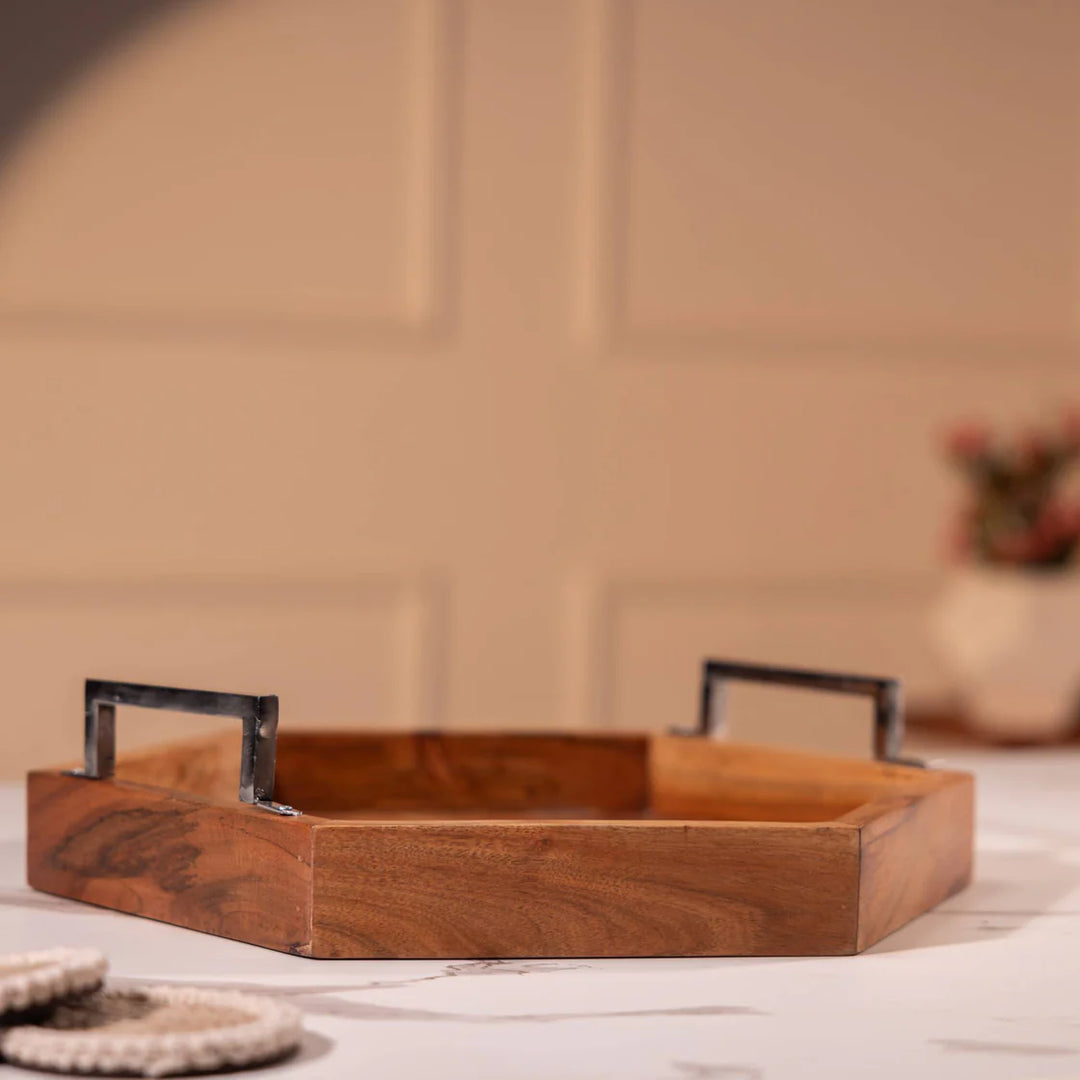 Ireka Homes Multi-Purpose Utsav Serving Tray – Premium Acacia Wood Tray – Decorative Kitchen Tray for Serving Food, Drinks, Coffee, and Cheese (16.5x14.5 inches)